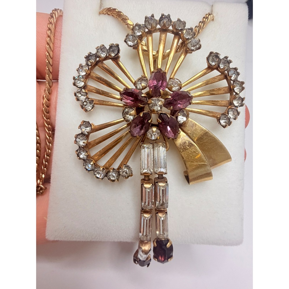 Vintage 12K Gold Filled Rhinestone Floral Pendant Brooch Combo – Mid-Century